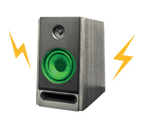 Vintage retro halftone Music speaker. Dotted karaoke collage with audio equipment. Nostalgic grunge disco music element for sing poster, podcast, party. Trendy isolated vector illustration.