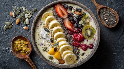 Healthy smoothie bowl with tropical fruits and seeds.
