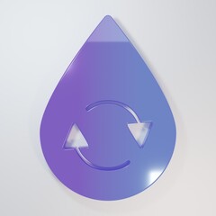 Purple-blue Recycle clean aqua icon isolated on grey background. Drop of water with sign recycling. Minimalism concept. 3D render illustration