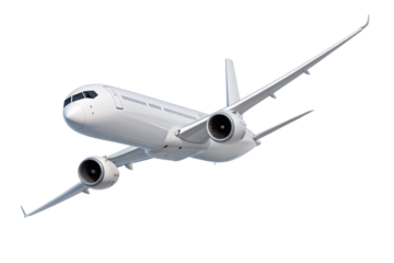 Modern white airplane in flight isolated on transparent background