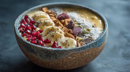 Healthy smoothie bowl with tropical fruits and seeds.