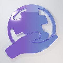 Purple-blue Human hand holding Earth globe icon isolated on grey background. Save earth concept. Minimalism concept. 3D render illustration