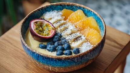 Healthy smoothie bowl with tropical fruits and seeds.