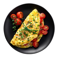 Delicious omelet with tomatoes and herbs on a black plate on transparent background