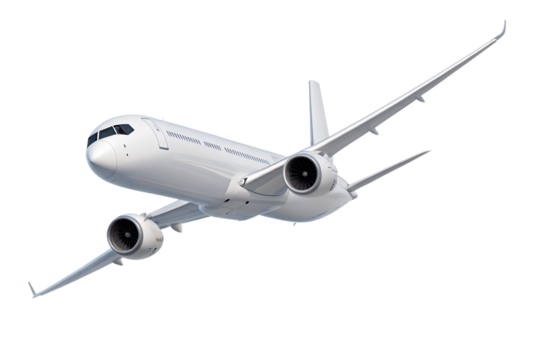 Modern white airplane in flight isolated on transparent background