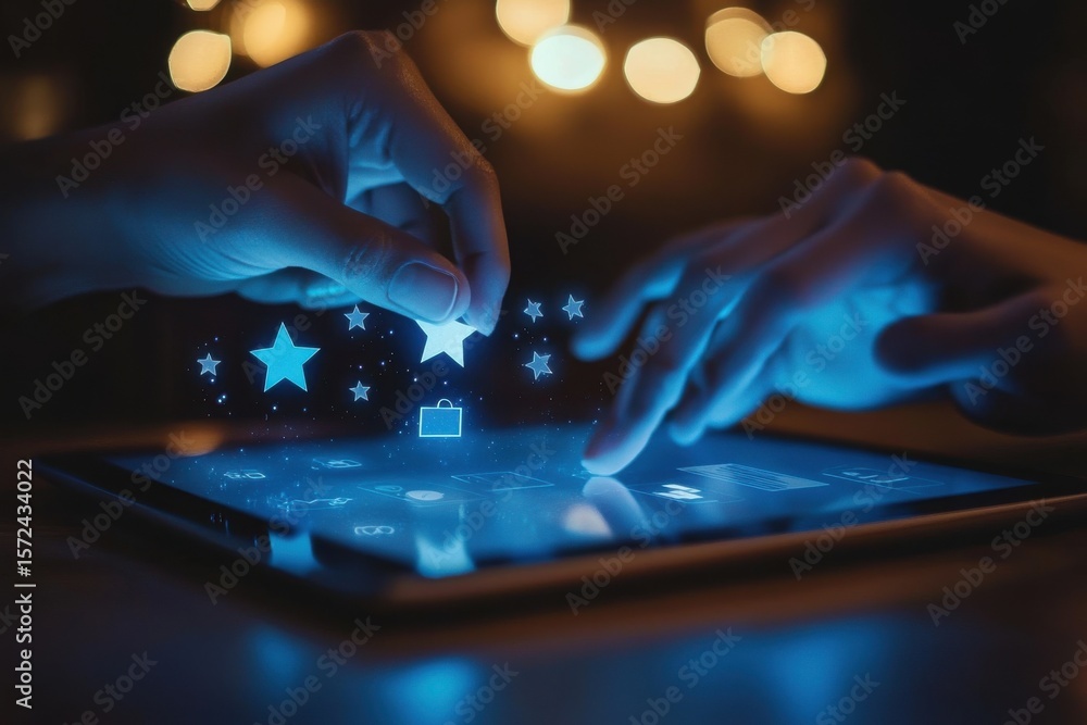Poster a person is pointing at a laptop screen with a star pattern. digital customer feedback concept with 