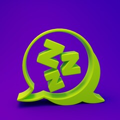 Green Sleepy icon isolated on purple-blue background. Sleepy zzz talk bubble. Minimalism concept. 3D render illustration