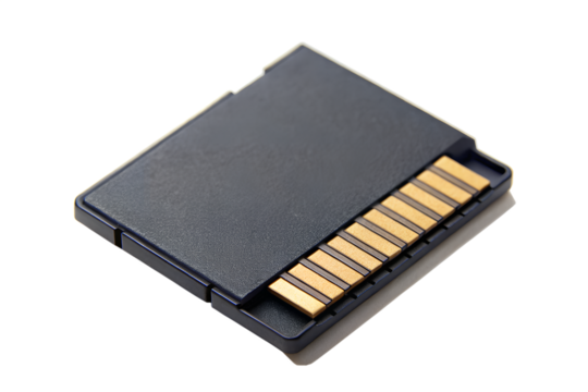 A closeup shot of a dark gray sd memory card isolated on transparent background