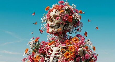 Surreal Skull Adorned with Flowers and Butterflies on a Sky Background Art