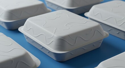 Simple Isolated White Food Container Disposable Lunch Box on Blue Surface