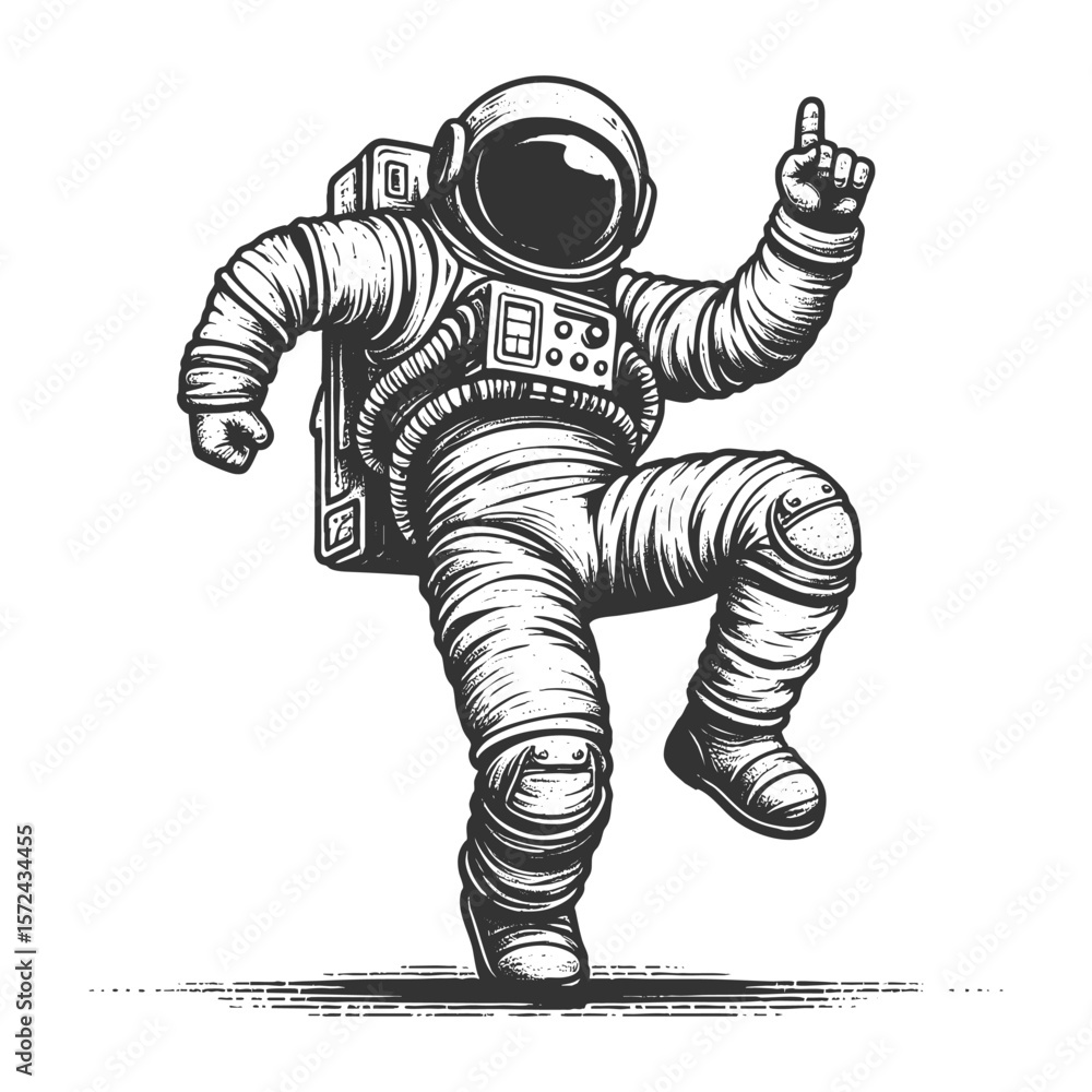 Poster joyful astronaut dancing in space among stars sketch engraving generative ai fictional character vec