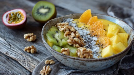 Healthy smoothie bowl with tropical fruits and seeds.