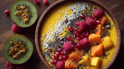 Healthy smoothie bowl with tropical fruits and seeds.