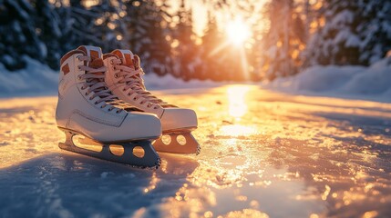 White ice skates on a snowy ice rink at sunset