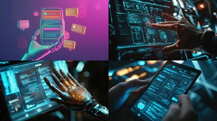 Futuristic collage of hands interacting with digital screens with bright UI elements