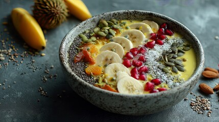 Healthy smoothie bowl with tropical fruits and seeds.