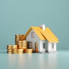 3D illustration of a house and gold coins representing property investment and real estate finance. Minimal style with clean background and financial symbolism.