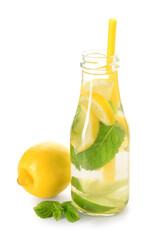 Bottle of tasty lemonade with mint and lime on white background