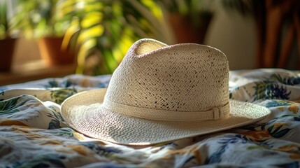 White straw hat on bed, sunlight