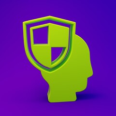 Green Life insurance with shield icon isolated on purple-blue background. Security, safety, protection, protect concept. Minimalism concept. 3D render illustration