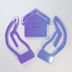 Purple-blue House in hand icon isolated on grey background. Insurance concept. Security, safety,...