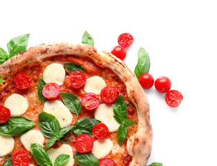 Tasty pizza Margarita with fresh tomatoes and basil on white background