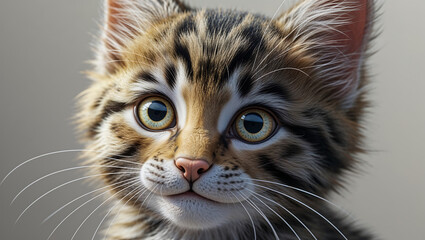 Endearing Kitten Face Captured in High-Resolution with Pink Nose, Whiskers, and Striking Tabby Markings on a Blurred Background

