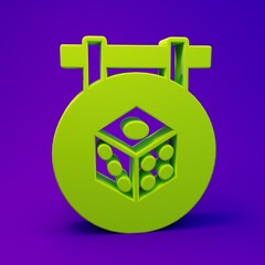 Green Game dice icon isolated on purple-blue background. Casino gambling. Minimalism concept. 3D...