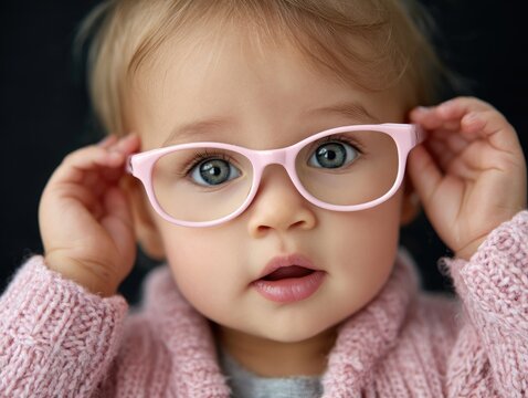A close-up of an adorable baby wearing stylish and fashionable eyeglasses that accentuate their cute features, isolated on a black background.