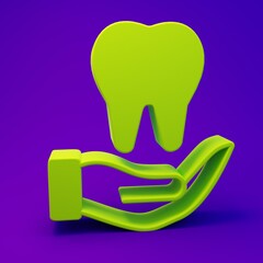 Green Tooth icon isolated on purple-blue background. Tooth symbol for dentistry clinic or dentist medical center and toothpaste package. Minimalism concept. 3D render illustration