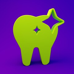 Green Tooth whitening concept icon isolated on purple-blue background. Tooth symbol for dentistry clinic or dentist medical center. Minimalism concept. 3D render illustration