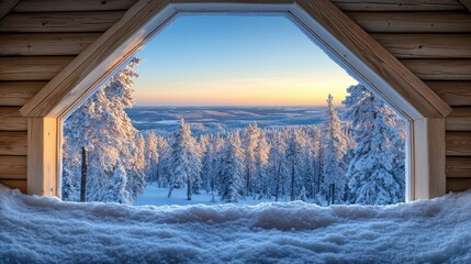 Winter vista through a wooden window