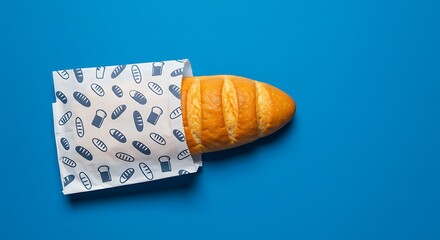 Minimalist Flat Lay Bread Loaf Inside Paper Bag on Blue Background