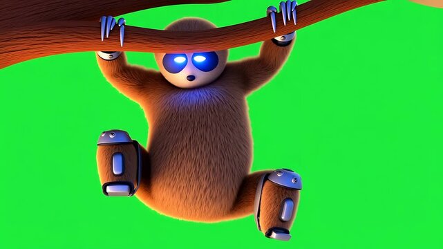 Cybernetic Sloth Hanging on Branch - Green Screen