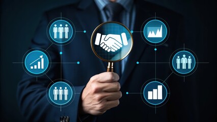 Businessman examining partnership and growth through digital network with icons