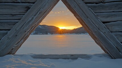 Winter sunrise framed by log triangle