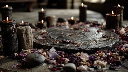 Dark Mystical Circle with Flickering Candles and Crystals