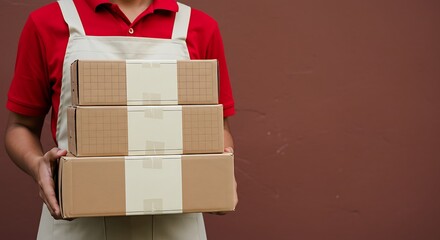 Man Carrying Three Cardboard Boxes, Presenting Delivery Service with Brown Background