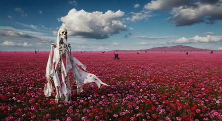 Eerie Skeleton Figure Standing in Vast Field of Blooming Pink Flowers