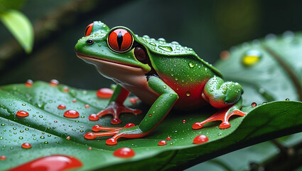 Intimate Macro Shot of a Red-Eyed Tree Frog on a Water-Dappled Leaf, Surrounded by Blurred Green Foliage and Natural Light

