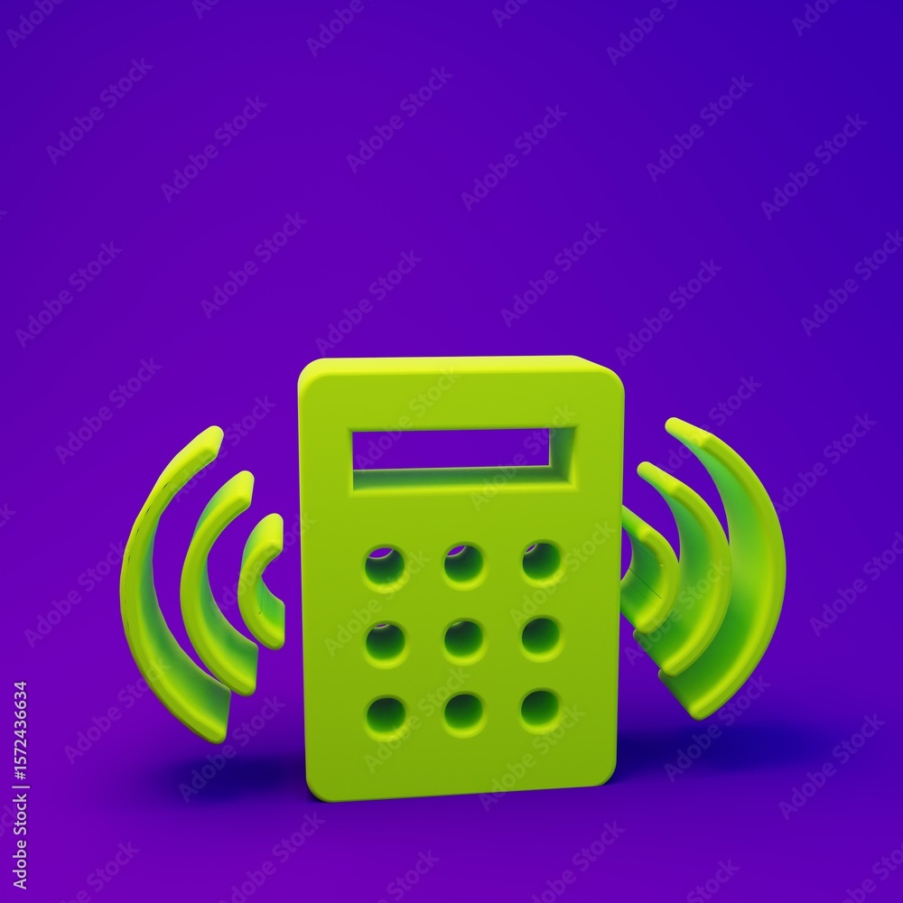 Poster green security system control panel with display icon isolated on purple-blue background. keypad of 
