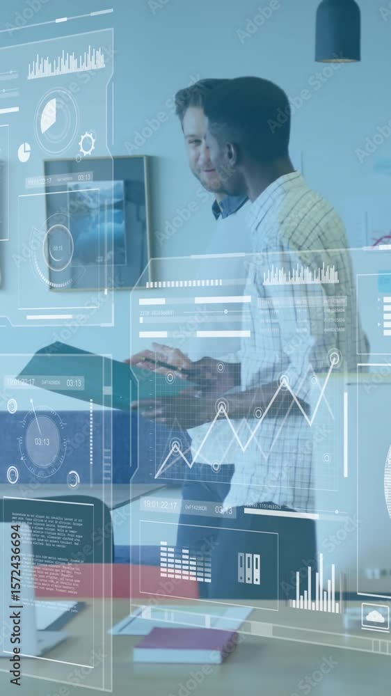 Poster animation of interface with statistical data processing against two diverse men discussing at office