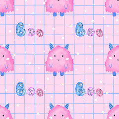 Seamless watercolor pattern with fluffy pastel monsters, cute horns, and spooky Halloween charm. Perfect for kids products, festive textiles, and seasonal wrapping paper