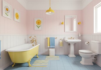 Bright and Cheerful Bathroom Interior with Vintage Bathtub and Pastel Colors