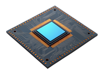 High-tech circuit board with blue sensor chip isolated on transparent background