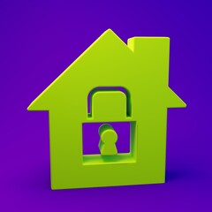 Green House under protection icon isolated on purple-blue background. Home and lock. Protection, safety, security, protect, defense concept. Minimalism concept. 3D render illustration