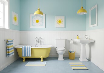 Bright and Airy Contemporary Bathroom Interior with Yellow Bathtub and Accents