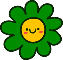 Cute Green Flower with Happy Smiling Face Doodle Illustration
