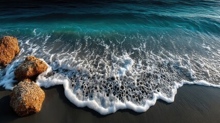 Dark Volcanic Sand Beach With White Surf Foam
