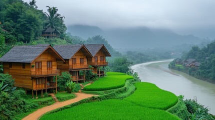 Wooden homes overlook terraced rice paddies and a river